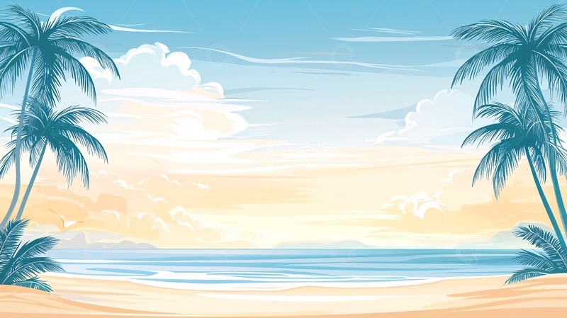 高清大图下载【趣麦麦图】热带海滩日落风景插画