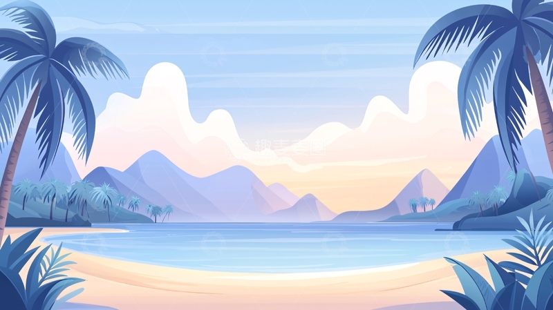 高清大图下载【趣麦麦图】热带海滩日落风景插画