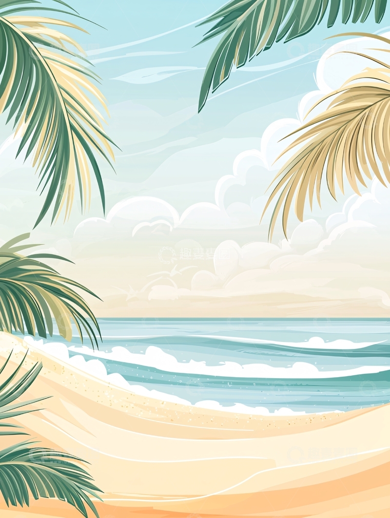 高清大图下载【趣麦麦图】热带海滩风景插画