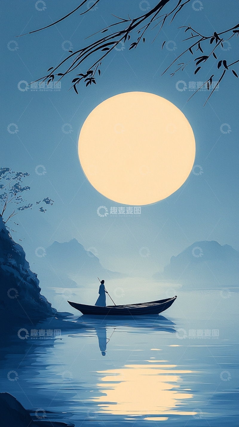 高清大图下载【趣麦麦图】月下独钓图高清图片