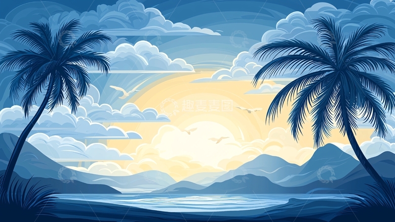 高清大图下载【趣麦麦图】热带海滩日落风景插画