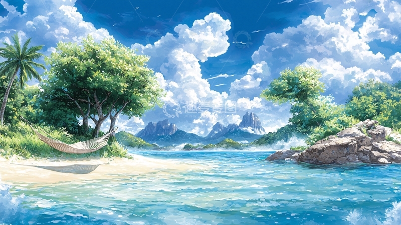 高清大图下载【趣麦麦图】热带海滩上的吊床
