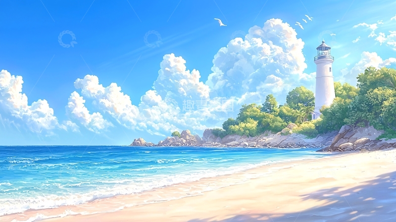 高清大图下载【趣麦麦图】海边灯塔风景插画