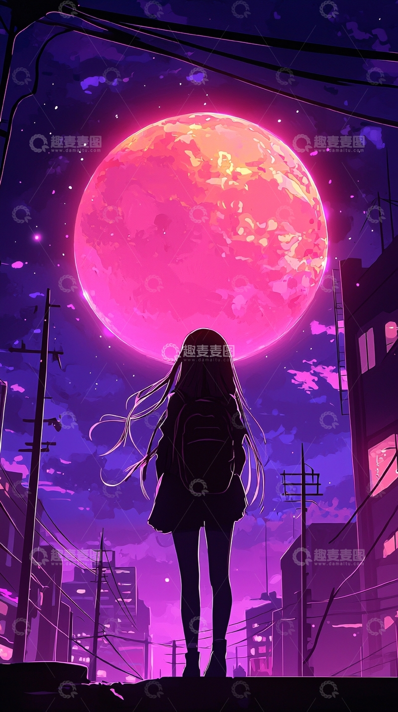 高清大图下载【趣麦麦图】紫色夜空下的女孩剪影