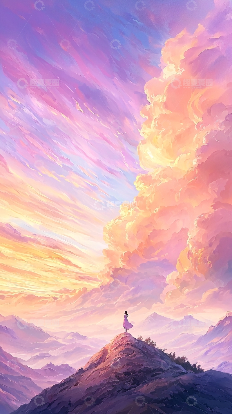 高清大图下载【趣麦麦图】梦幻山巅夕阳下的孤独身影
