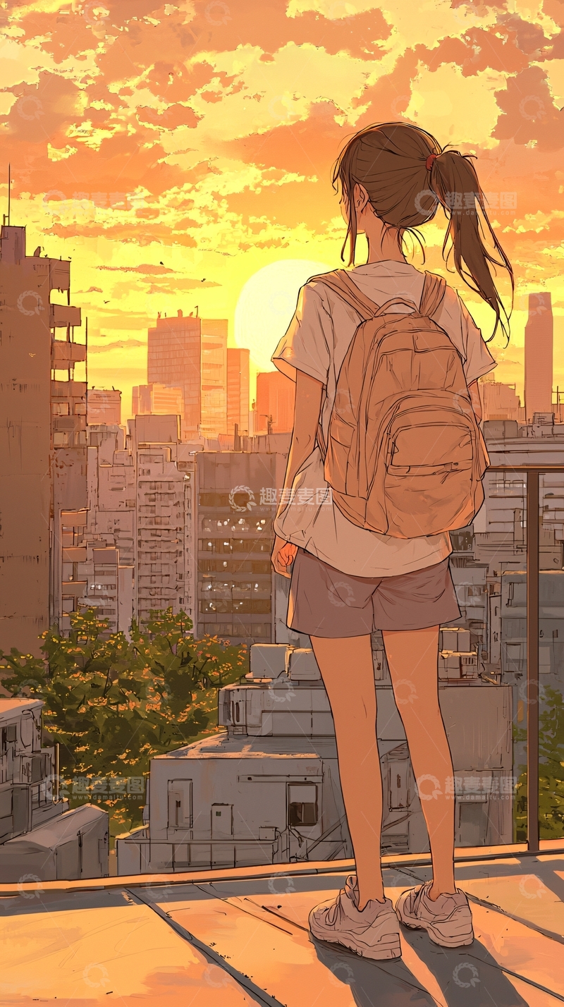 高清大图下载【趣麦麦图】夕阳下的城市女孩