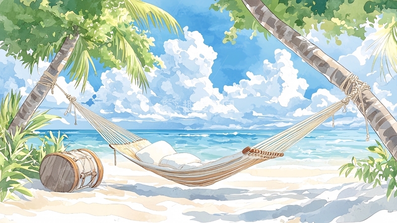 高清大图下载【趣麦麦图】海滩上的吊床和椰子树