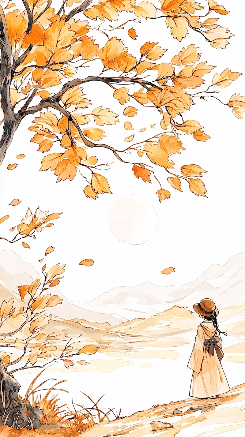 高清大图下载【趣麦麦图】秋日风景下的孤独旅人