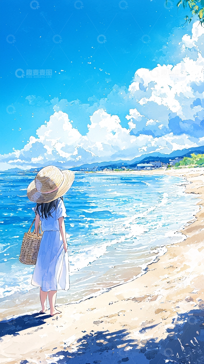 高清大图下载【趣麦麦图】海边漫步的女孩