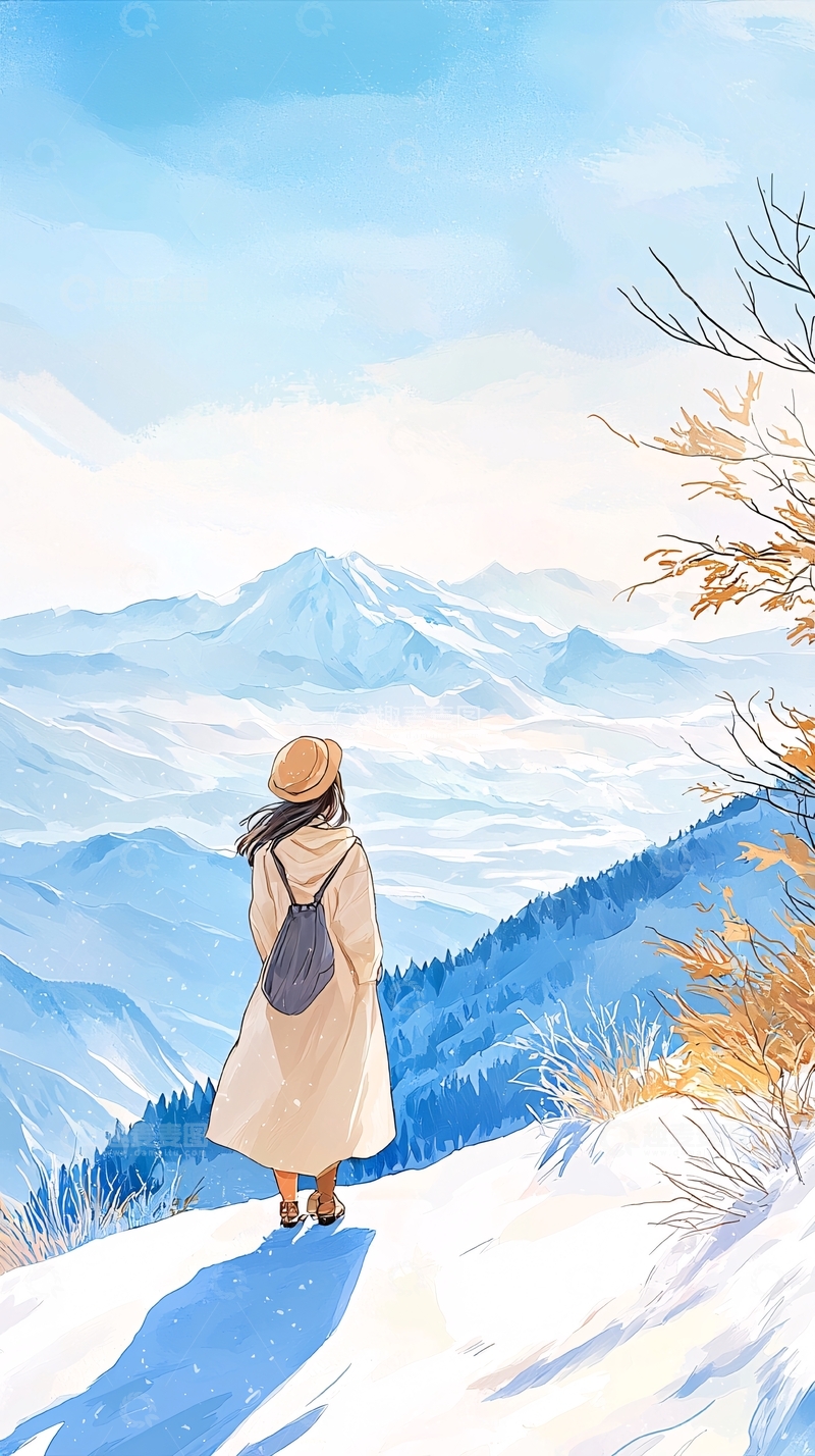 高清大图下载【趣麦麦图】雪景中的背影旅人