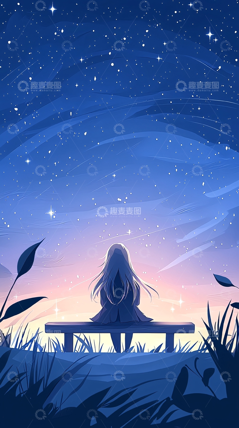 高清大图下载【趣麦麦图】夜空下的孤独女孩