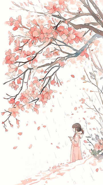樱花雨中女孩孤单漫步