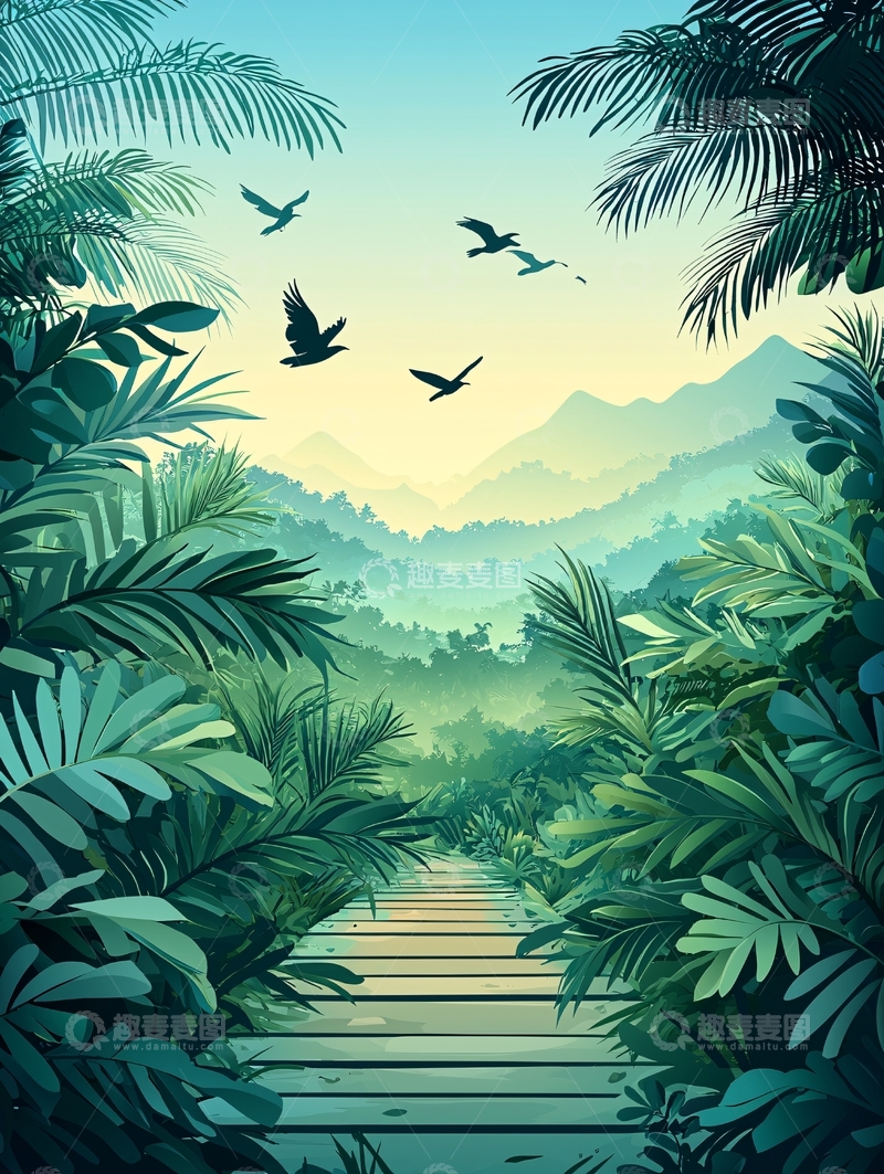 高清大图下载【趣麦麦图】热带雨林小径与飞鸟
