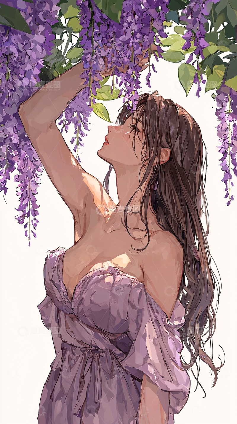 高清大图下载【趣麦麦图】紫色藤蔓下的女孩