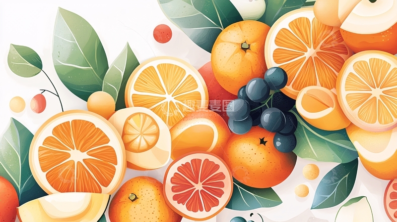 高清大图下载【趣麦麦图】橙子葡萄水果拼盘插画