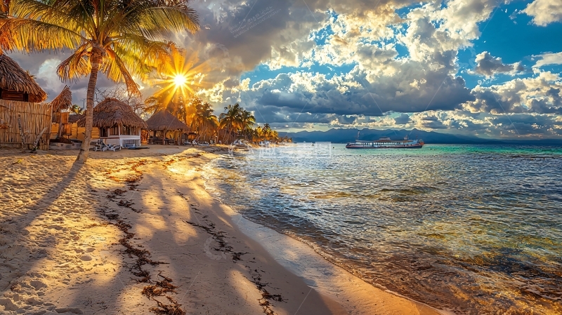 高清大图下载【趣麦麦图】夕阳下的海滩与棕榈树