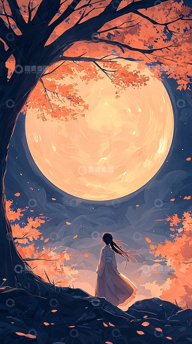 高清大图下载【趣麦麦图】秋夜树下赏月人