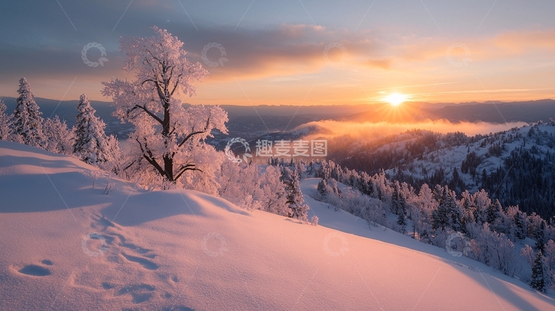 高清大图下载【趣麦麦图】冬日雪景日出山峦