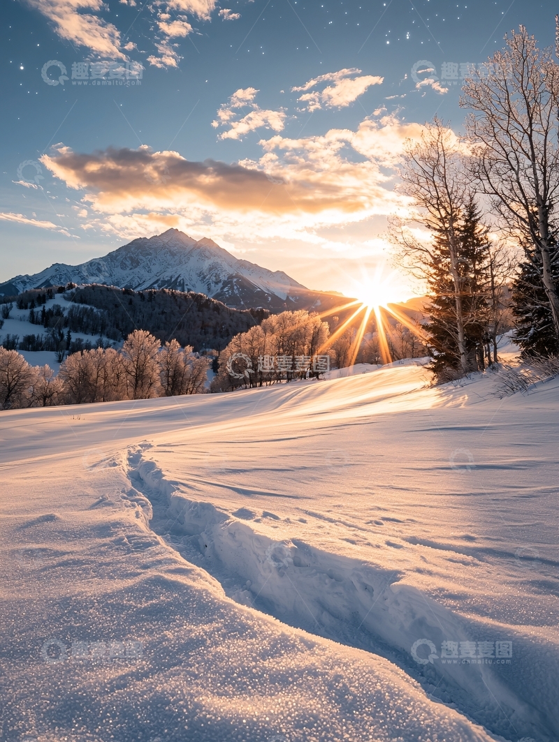 高清大图下载【趣麦麦图】冬日山间雪景夕阳