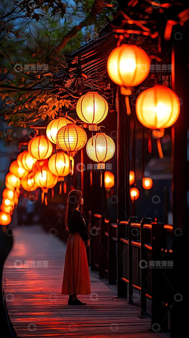 高清大图下载【趣麦麦图】灯笼古桥夜景