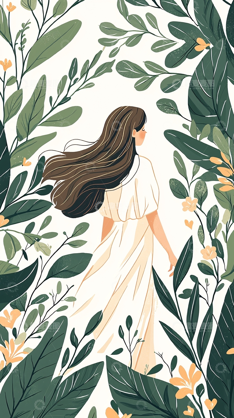 高清大图下载【趣麦麦图】自然中的女性背影插画
