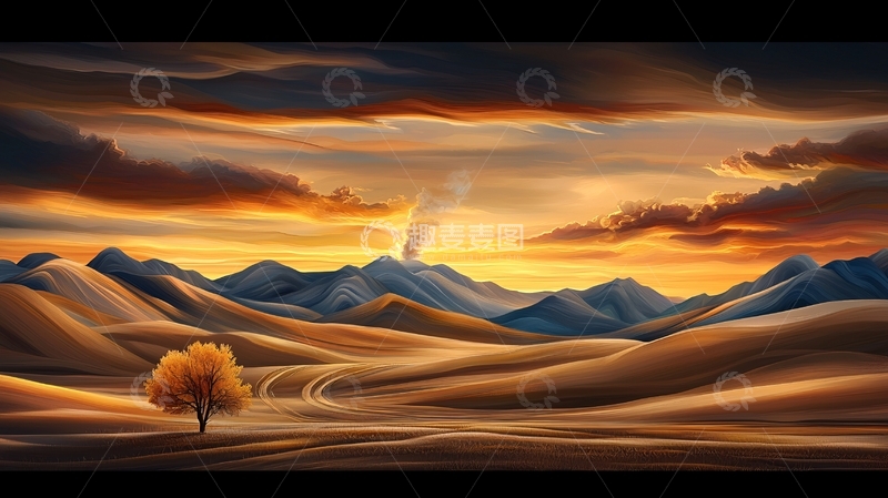 高清大图下载【趣麦麦图】秋日山野孤树图