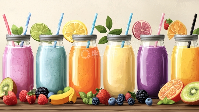 高清大图下载【趣麦麦图】多种颜色果汁饮品展示