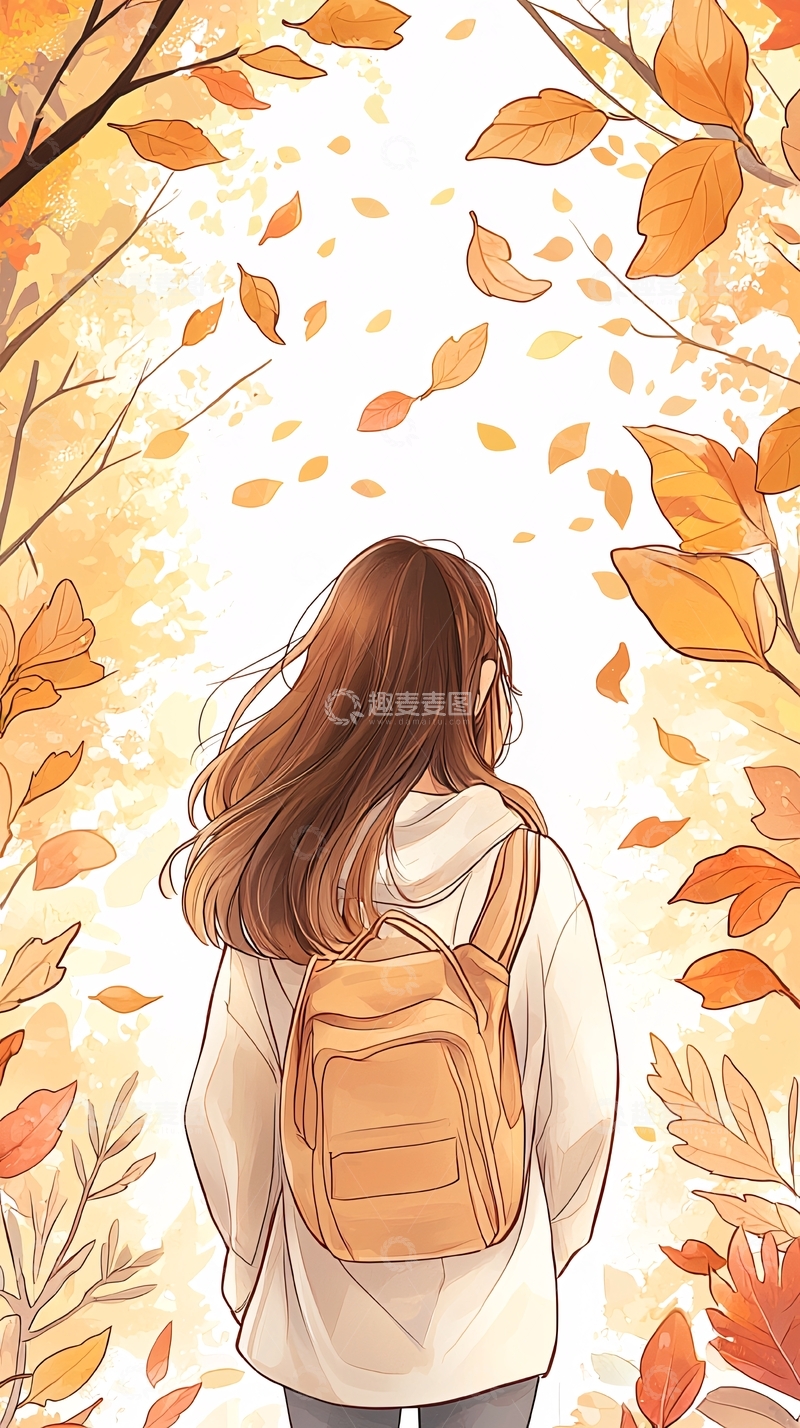 高清大图下载【趣麦麦图】秋日落叶中的背影