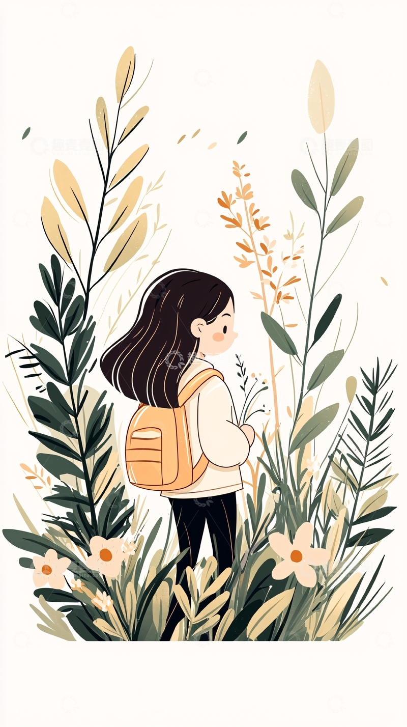 高清大图下载【趣麦麦图】背着书包的女孩与自然