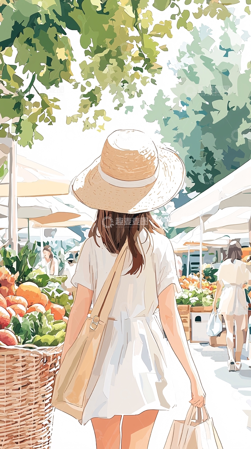 夏日市场购物插画