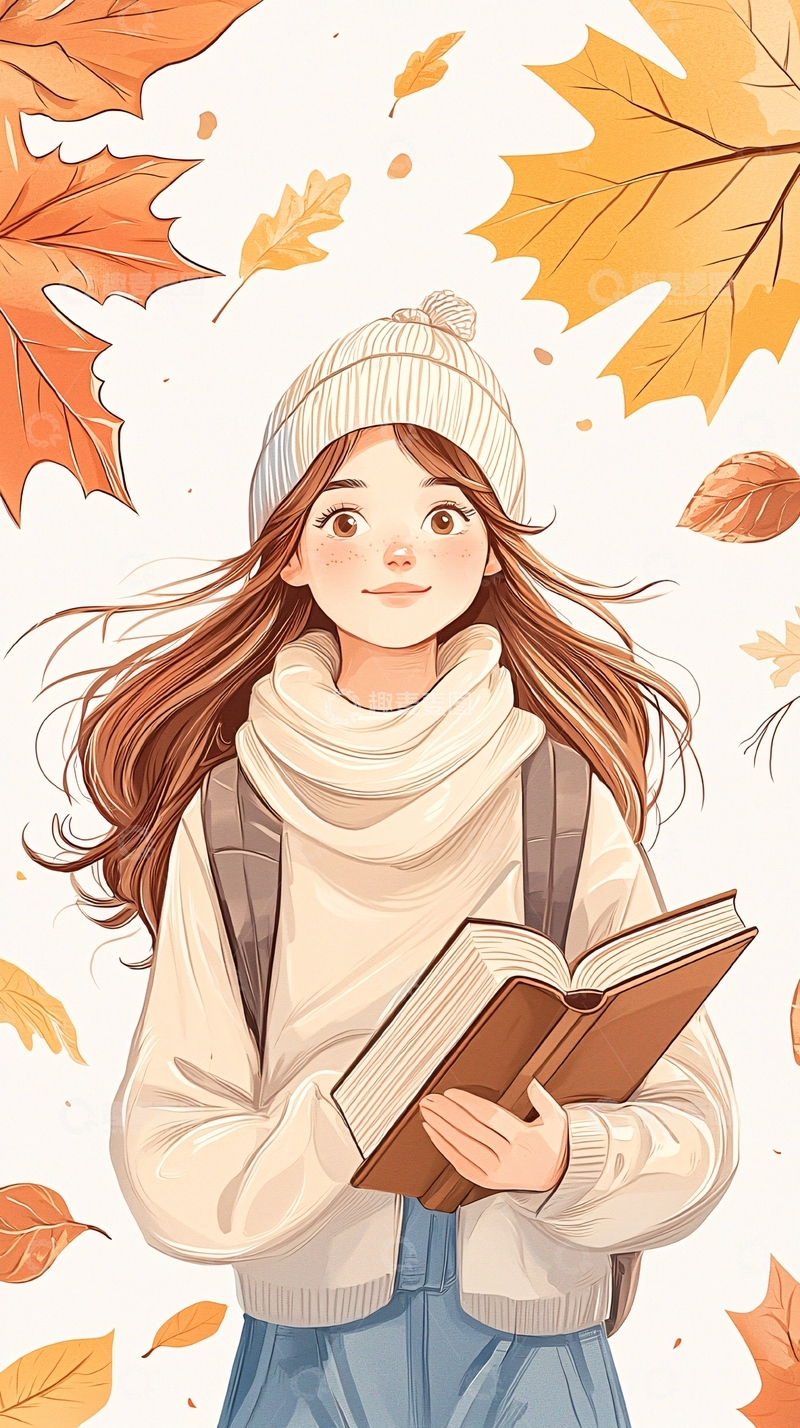 高清大图下载【趣麦麦图】秋日读书女孩插画