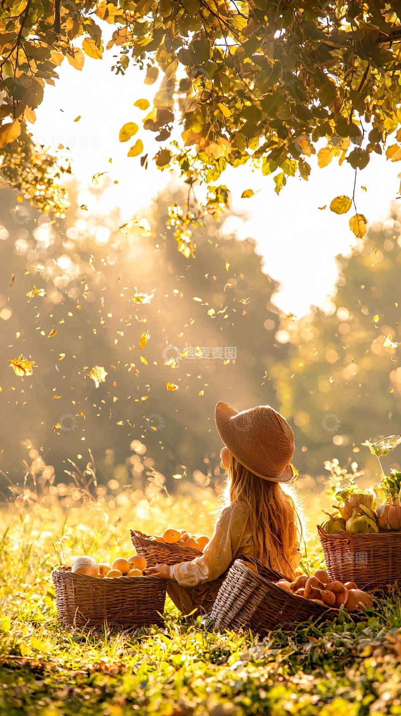 高清大图下载【趣麦麦图】秋日丰收的小女孩