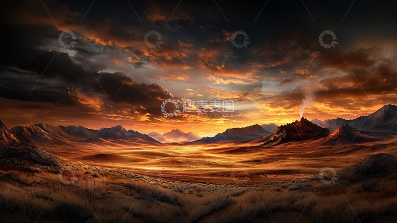 高清大图下载【趣麦麦图】火山喷发的日落沙漠景观