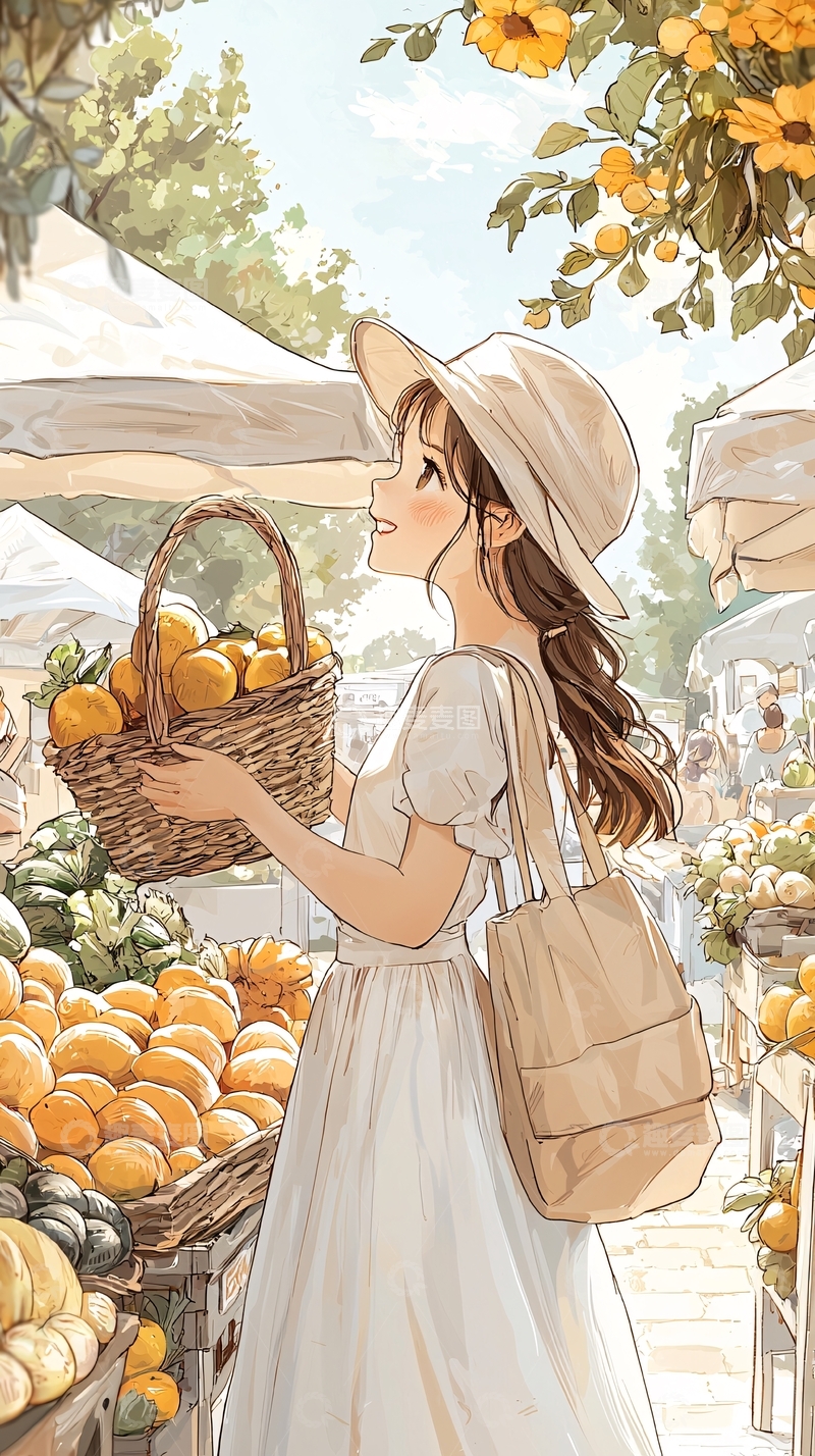 高清大图下载【趣麦麦图】夏日集市上的女孩与水果篮