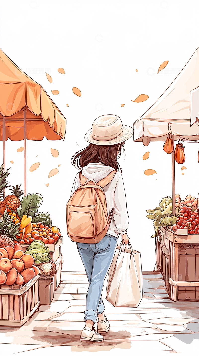 秋日市场购物女孩