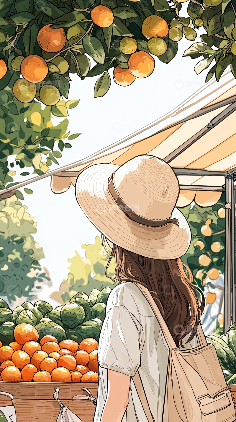高清大图下载【趣麦麦图】-夏日集市上的橙子与帽子女孩