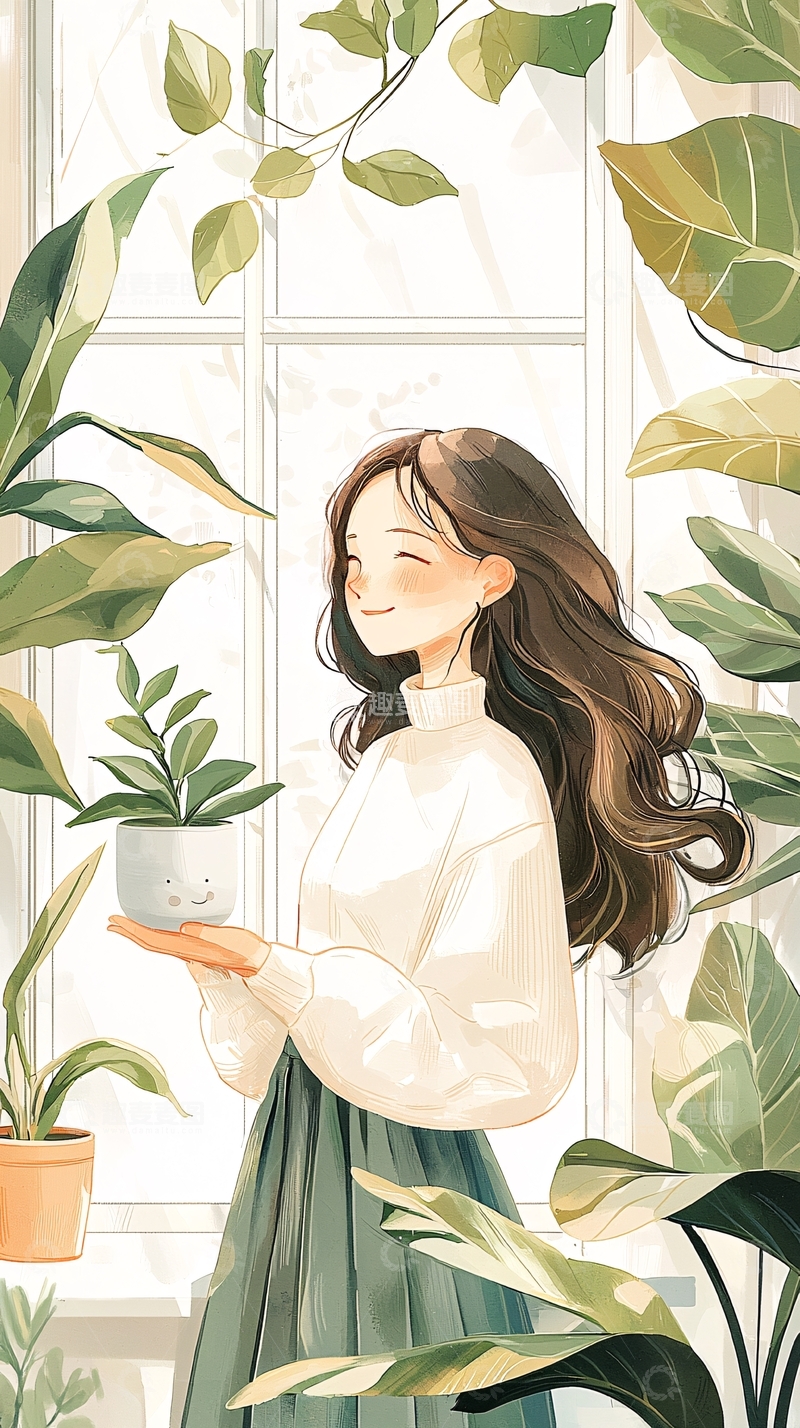 高清大图下载【趣麦麦图】温馨室内植物女孩