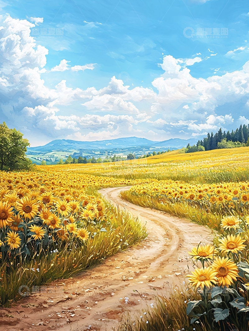 高清大图下载【趣麦麦图】向日葵田野小路风景