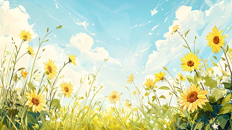 高清大图下载【趣麦麦图】向日葵田野下的蓝天白云