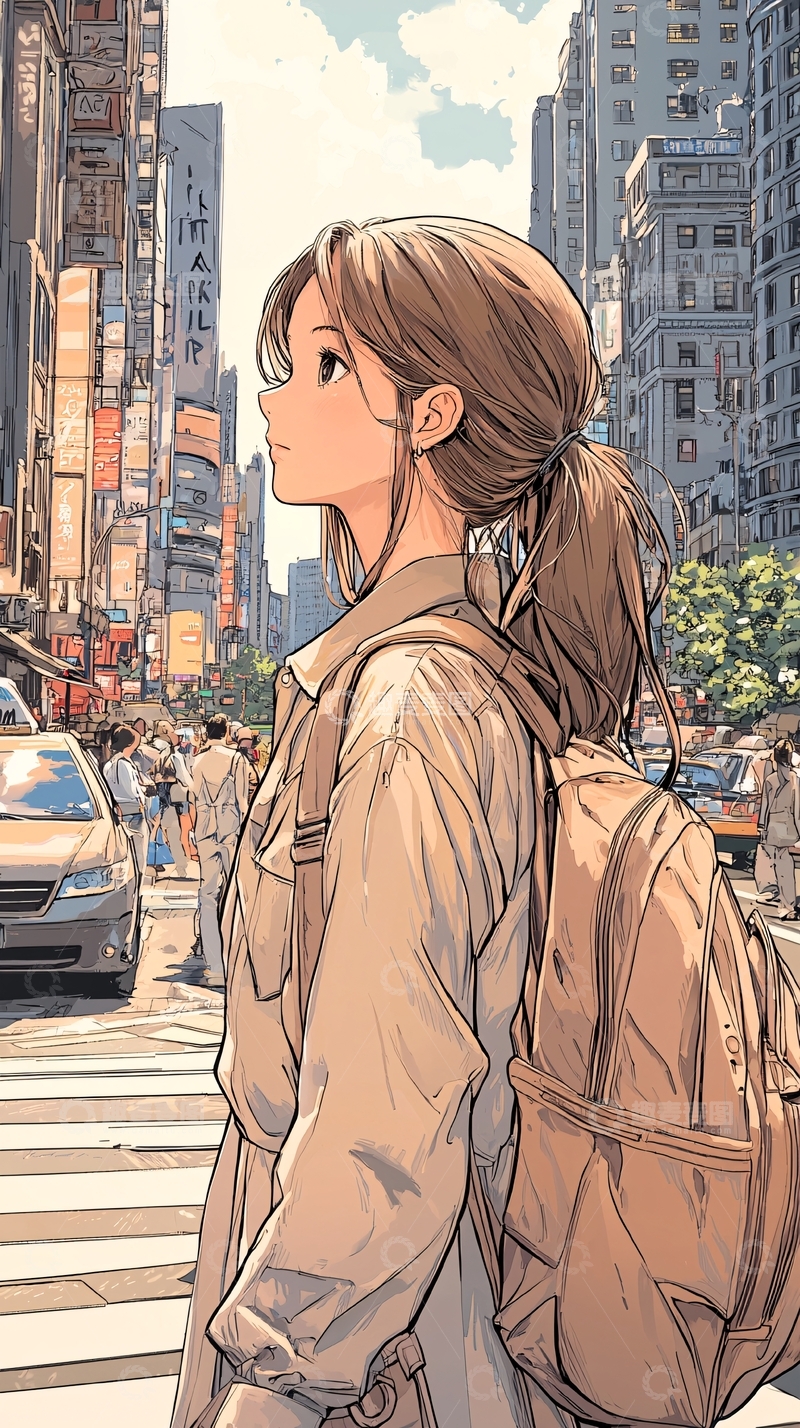 高清大图下载【趣麦麦图】城市街头背书包的女孩