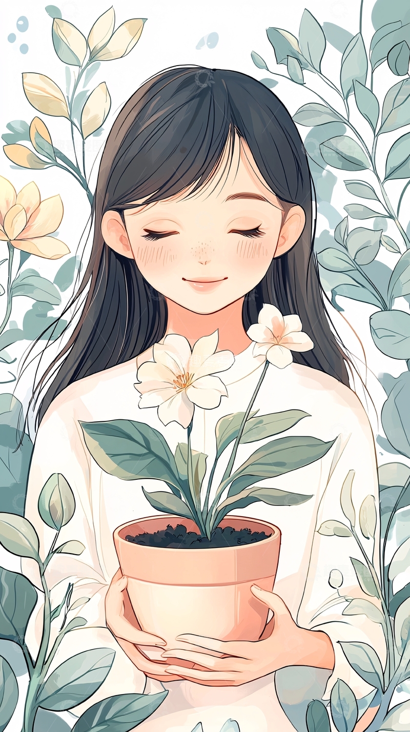 高清大图下载【趣麦麦图】手持盆栽微笑女孩插画