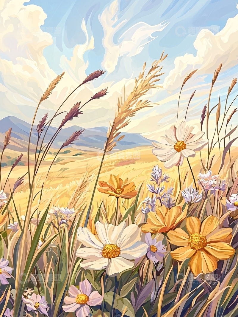 高清大图下载【趣麦麦图】金色田野上的野花与麦穗