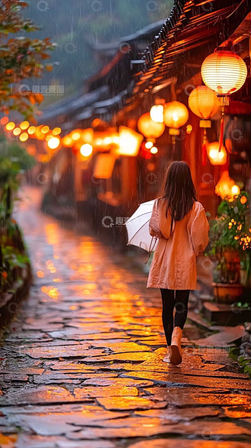 高清大图下载【趣麦麦图】雨中古街漫步