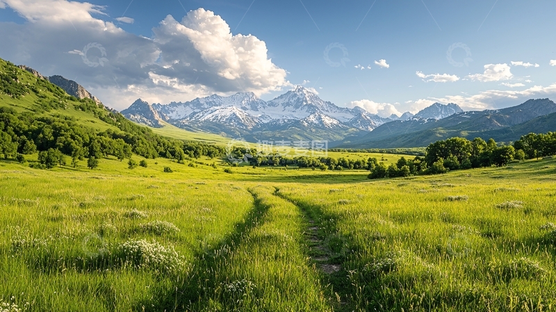 高清大图下载【趣麦麦图】雪山草地徒步旅行风景