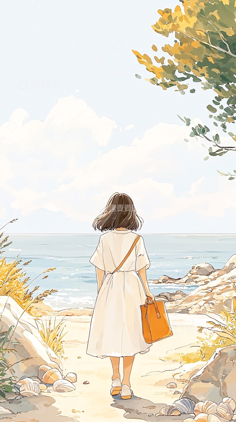 高清大图下载【趣麦麦图】海边散步的女孩插画