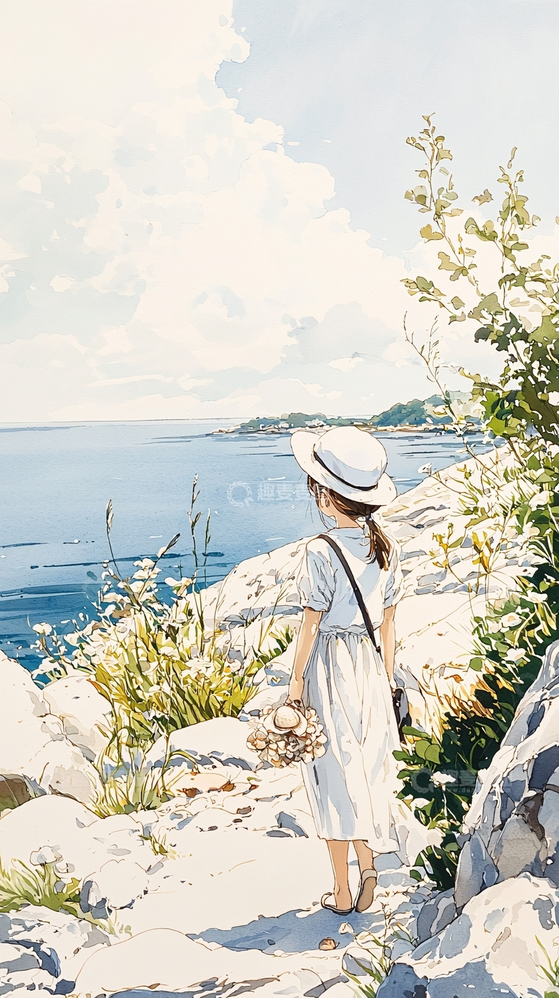 高清大图下载【趣麦麦图】海边散步的女孩