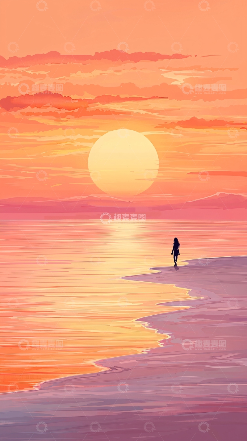高清大图下载【趣麦麦图】夕阳下的海边漫步