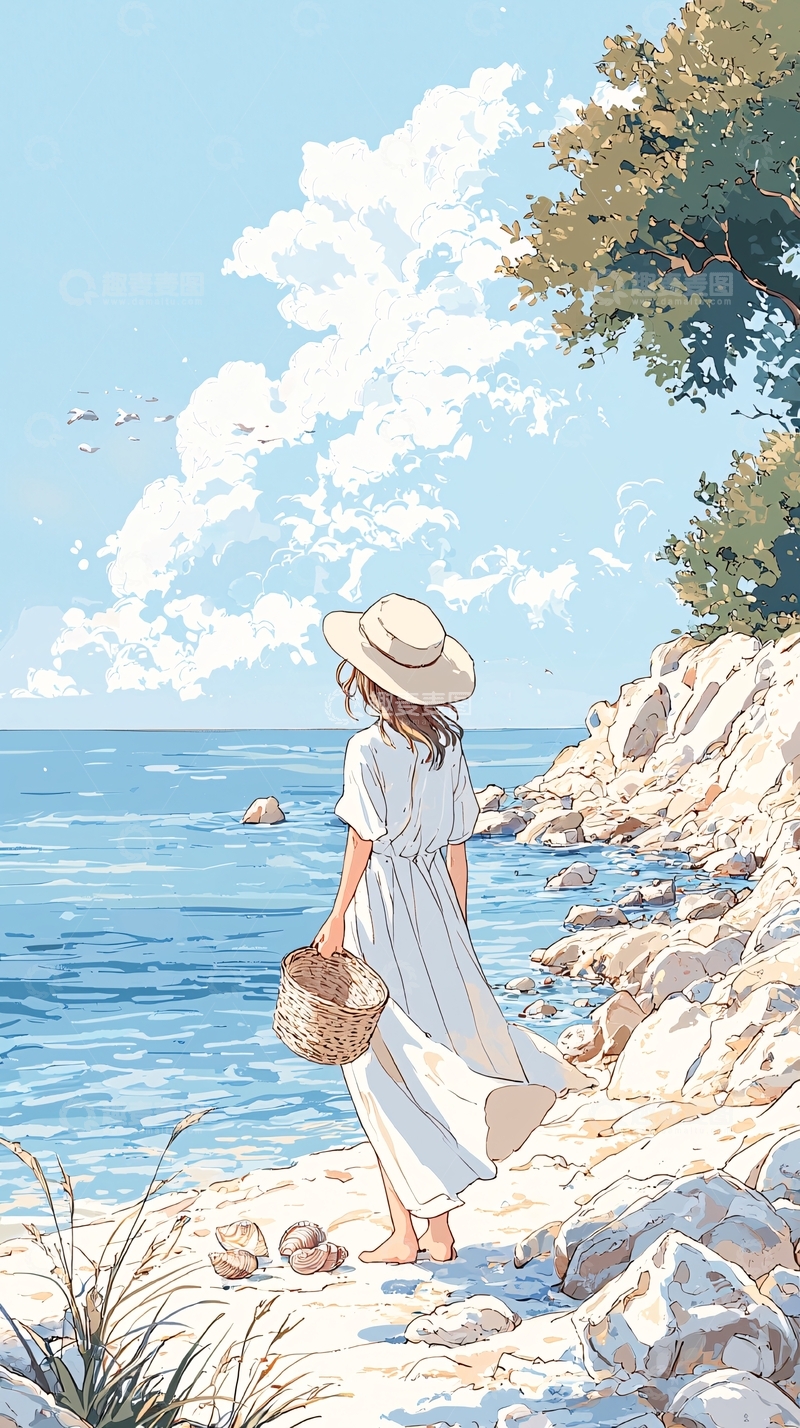 高清大图下载【趣麦麦图】海边漫步的女子