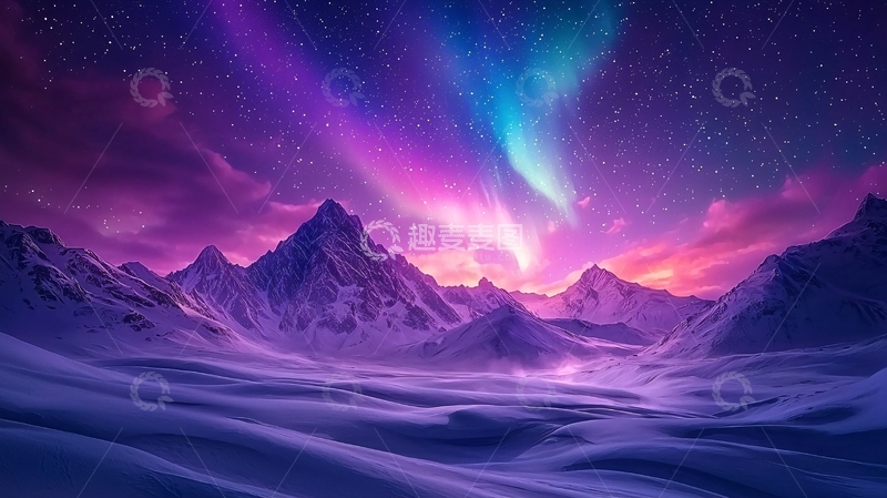高清大图下载【趣麦麦图】极光下的雪山夜景