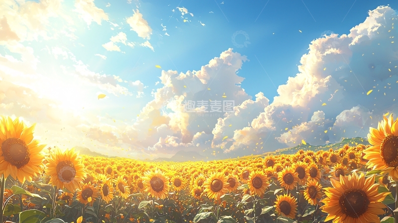 高清大图下载【趣麦麦图】向日葵田野下的蓝天白云